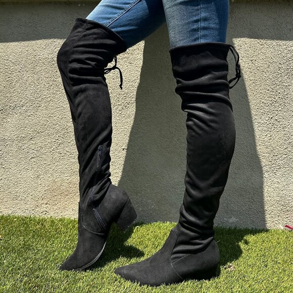 NEW🔥 Black OTK Over The Knee Boot Drawstring Tie Lace Up Pointed Toe Block Heel - Picture 3 of 5